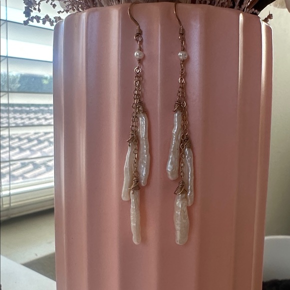 Baroque Freshwater Pearl Cascade Drop Earrings | Gold Tone | Boho Bridal - Picture 2 of 14